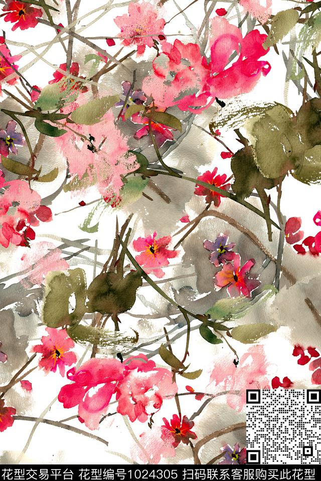 数码华亿平台抽象花卉水彩花卉数码印花华亿平台下载（图片编号: 1024305） - 瓦栏（Walan）