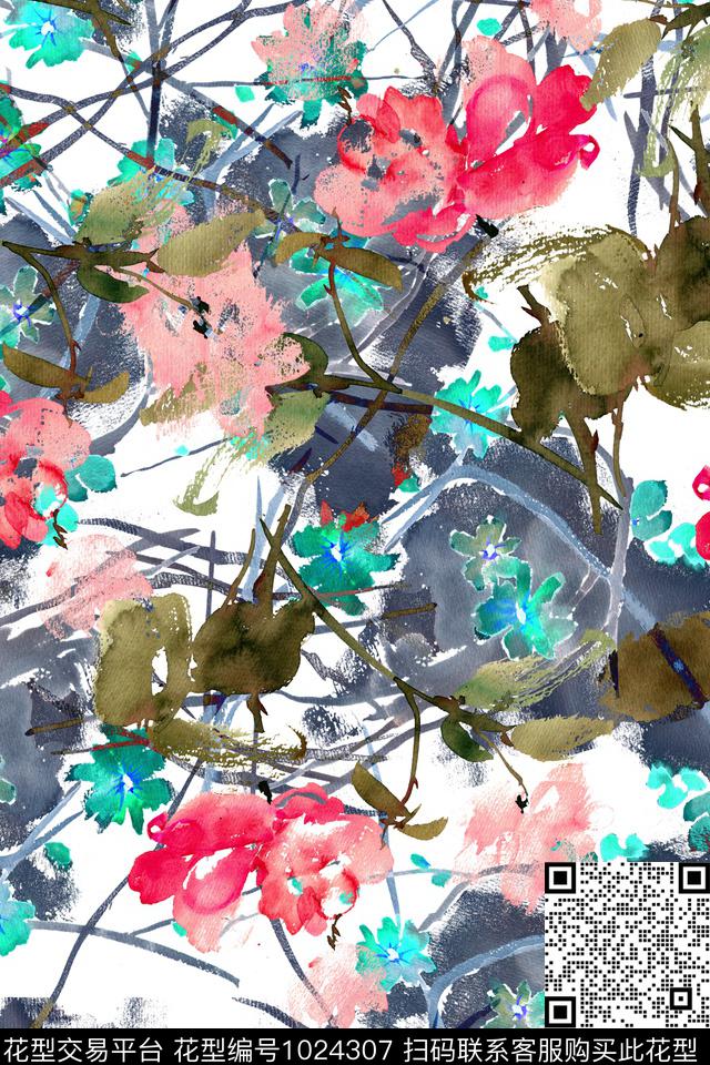 数码华亿平台抽象花卉水彩花卉数码印花华亿平台下载（图片编号: 1024307） - 瓦栏（Walan）