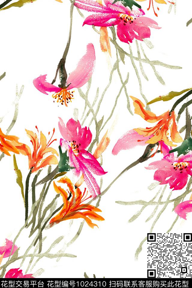 数码华亿平台水彩花卉手绘花卉数码印花华亿平台下载（图片编号: 1024310） - 瓦栏（Walan）
