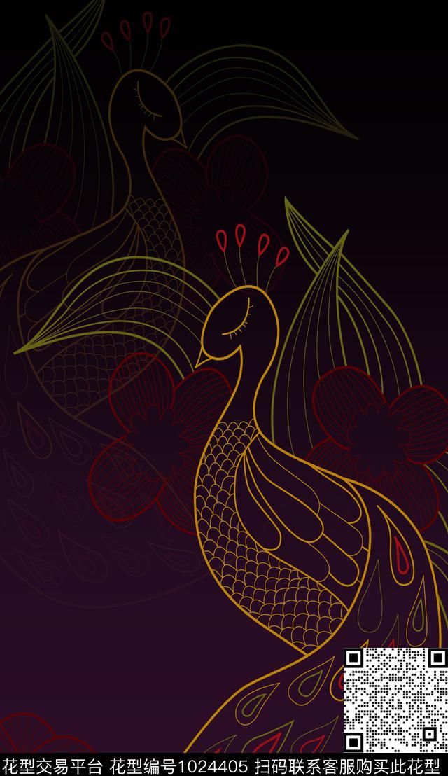 孔雀素描定位花传统印花华亿平台下载（图片编号: 1024405） - 瓦栏（Walan）