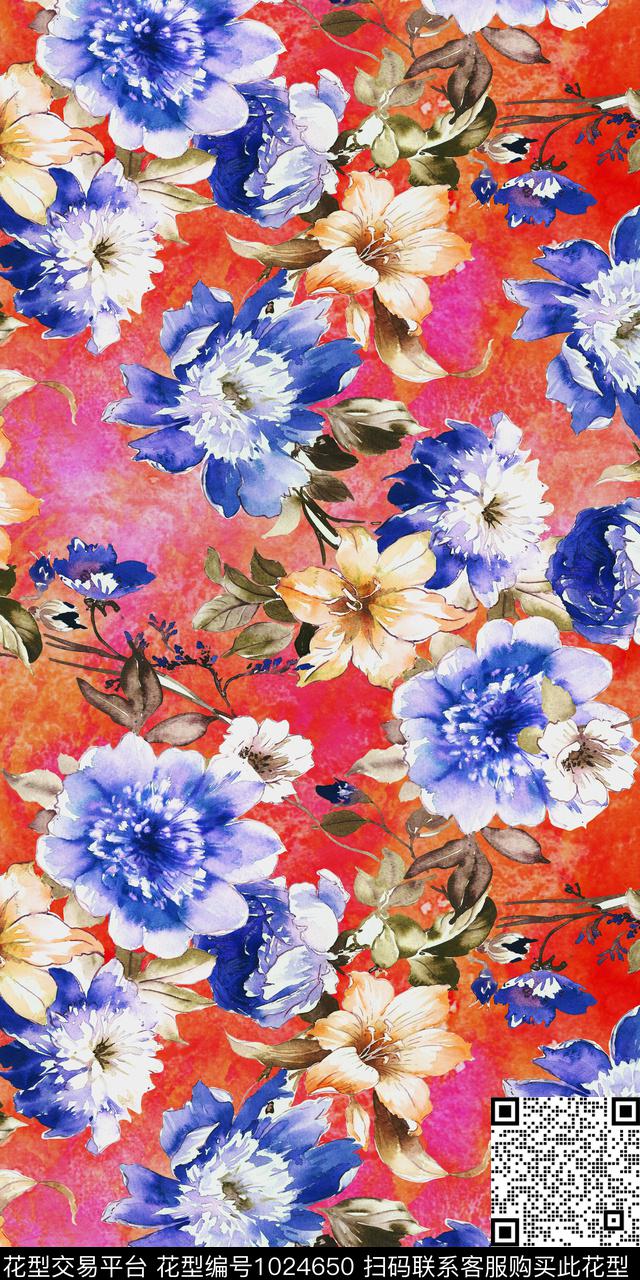 彩底花卉春夏华亿平台手绘花卉数码印花华亿平台下载（图片编号: 1024650） - 瓦栏（Walan）