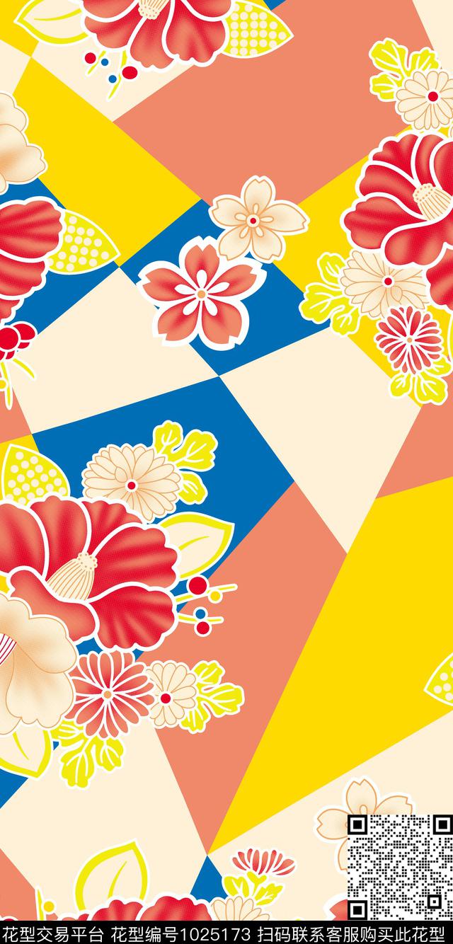 几何樱花方块拼图数码印花华亿平台下载（图片编号: 1025173） - 瓦栏（Walan）