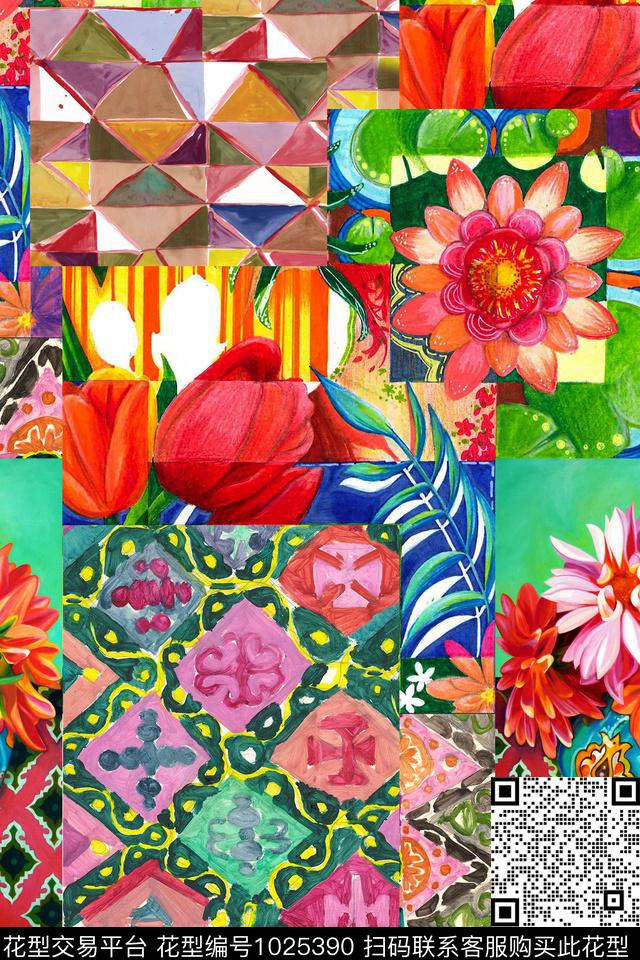 格子花卉几何花卉数码印花华亿平台下载（图片编号: 1025390） - 瓦栏（Walan）