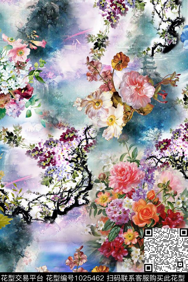 手绘花卉花卉国画数码印花华亿平台下载（图片编号: 1025462） - 瓦栏（Walan）