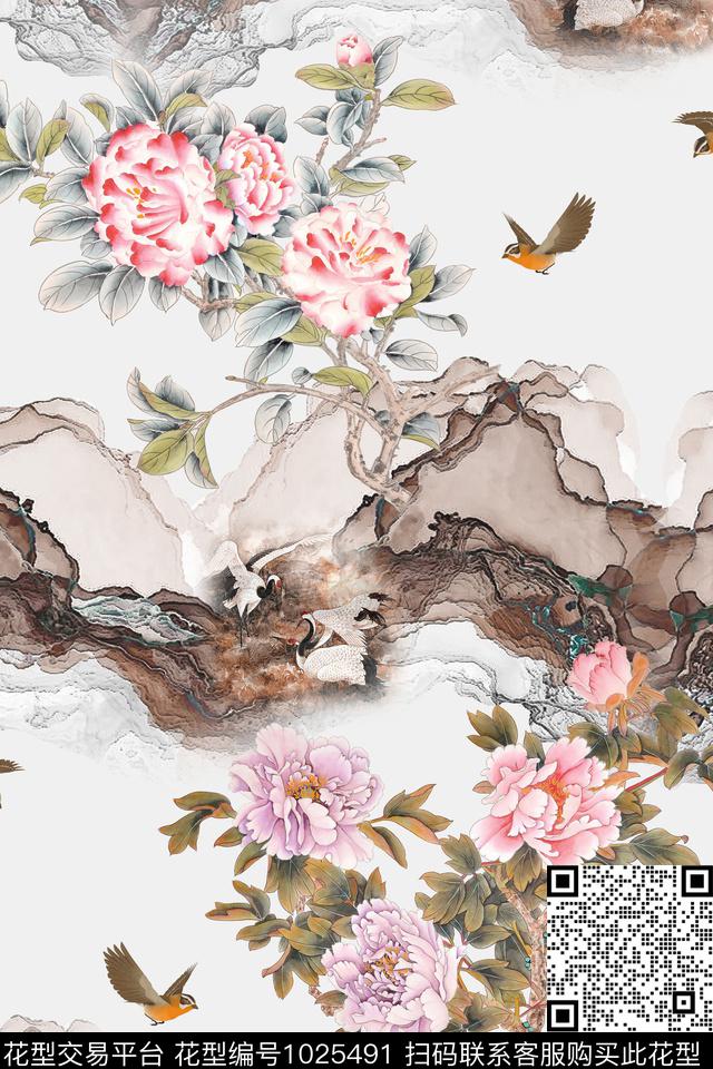 仙鹤旗袍鸟数码印花华亿平台下载（图片编号: 1025491） - 瓦栏（Walan）