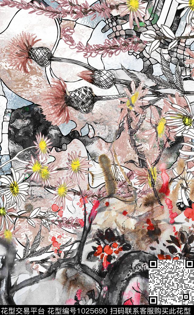 定位花水墨风数码印花华亿平台下载（图片编号: 1025690） - 瓦栏（Walan）