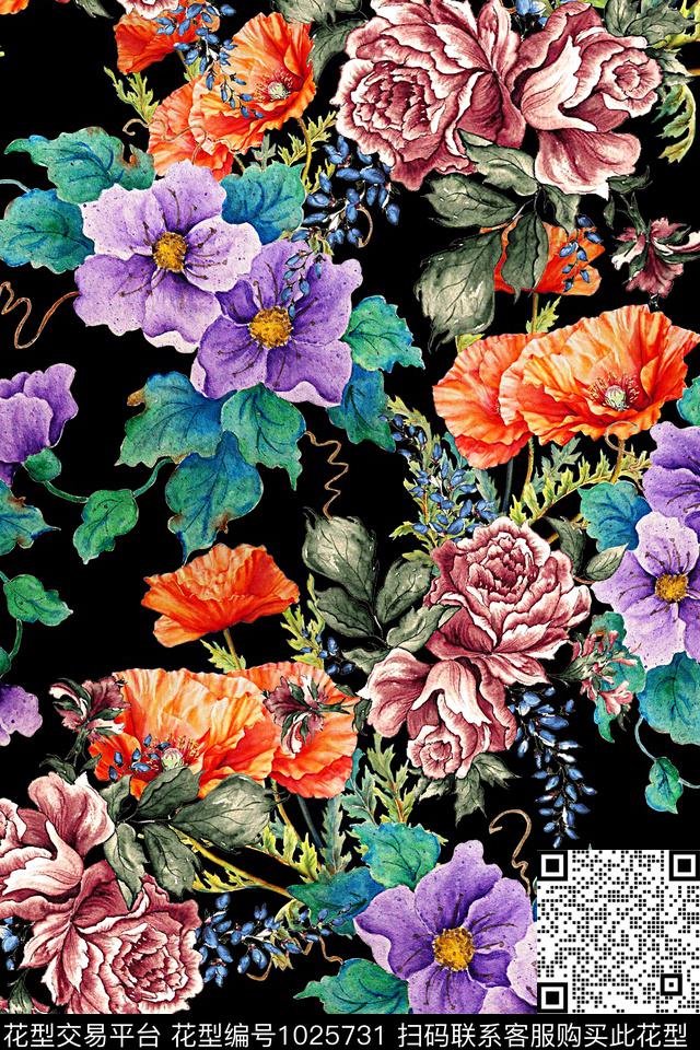 数码华亿平台花卉复古数码印花华亿平台下载（图片编号: 1025731） - 瓦栏（Walan）