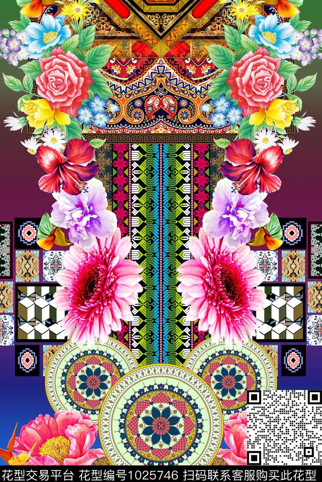 民族风几何定位花数码印花华亿平台下载（图片编号: 1025746） - 瓦栏（Walan）