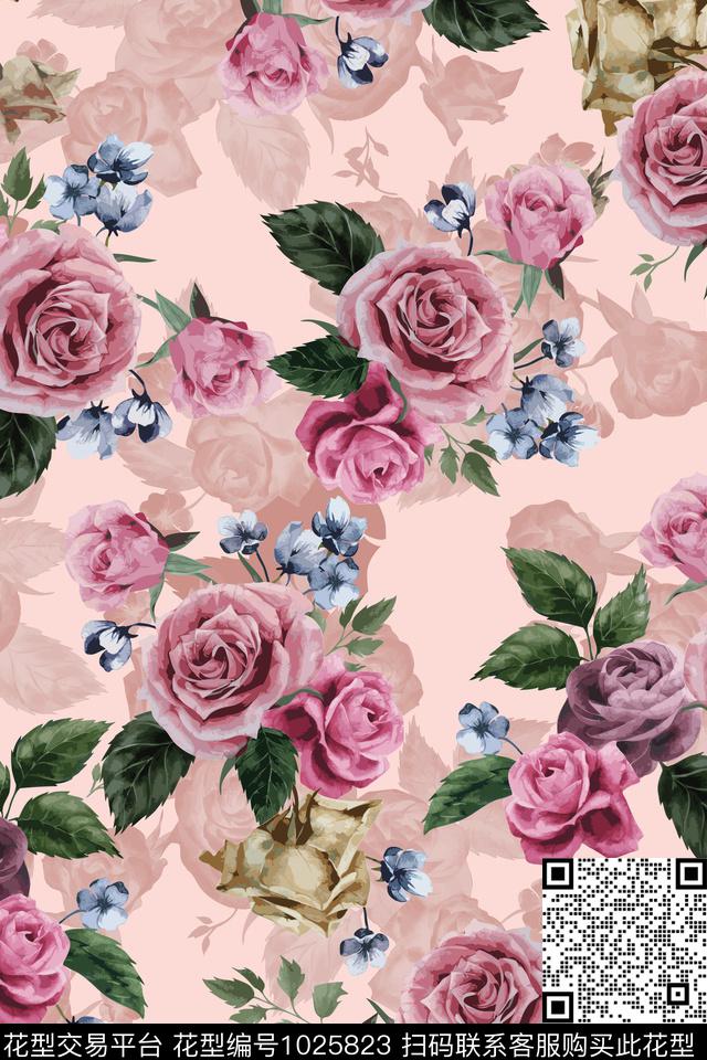 数码华亿平台手绘玫瑰1/2接数码印花华亿平台下载（图片编号: 1025823） - 瓦栏（Walan）