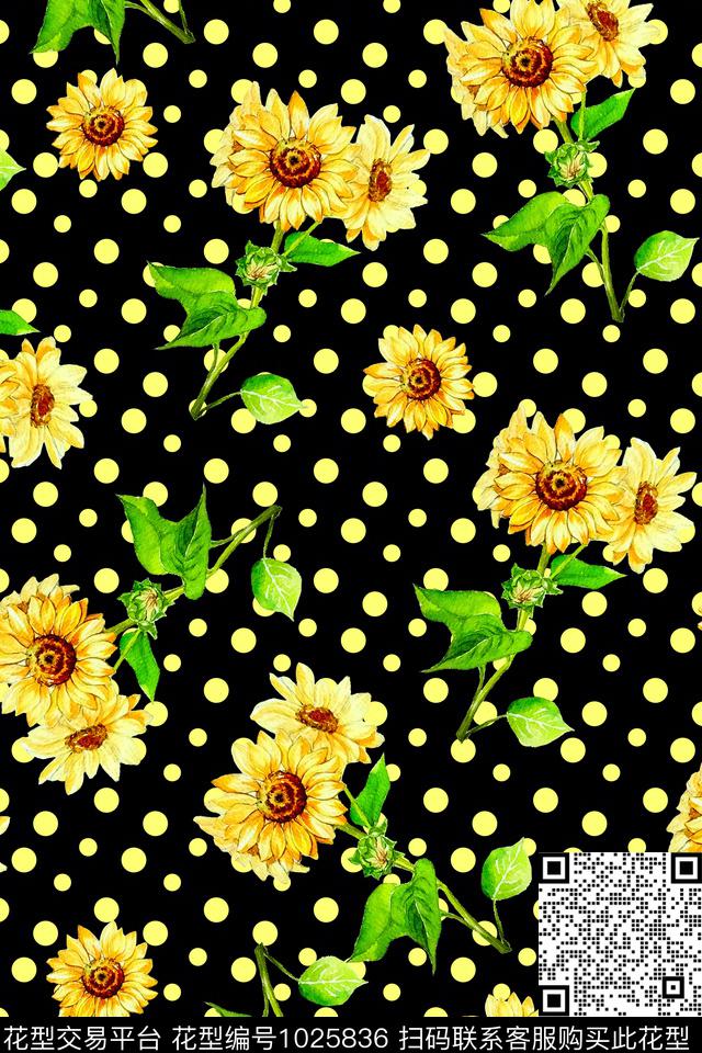 向日葵春夏华亿平台手绘花卉数码印花华亿平台下载（图片编号: 1025836） - 瓦栏（Walan）