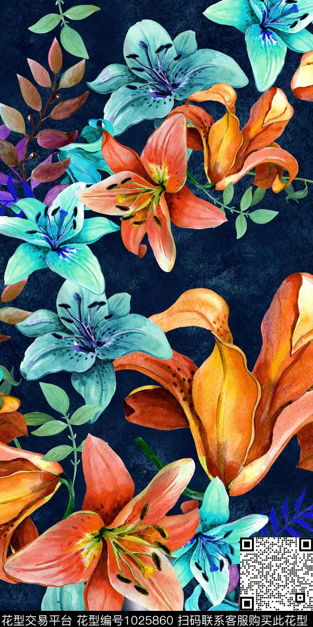 手绘花卉满版散花手绘百合花数码印花华亿平台下载（图片编号: 1025860） - 瓦栏（Walan）
