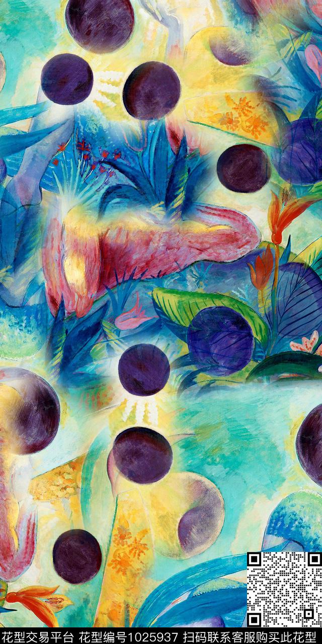 抽象花卉手绘花卉清爽底花卉数码印花华亿平台下载（图片编号: 1025937） - 瓦栏（Walan）
