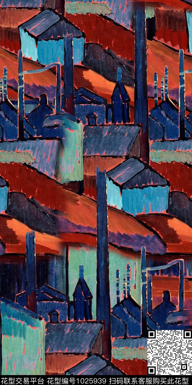手绘抽象手绘几何抽象房子数码印花华亿平台下载（图片编号: 1025939） - 瓦栏（Walan）