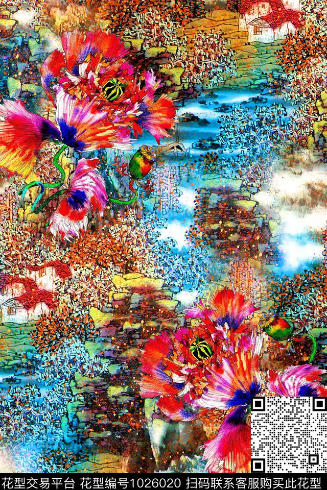 花卉水彩花卉中国风数码印花华亿平台下载（图片编号: 1026020） - 瓦栏（Walan）