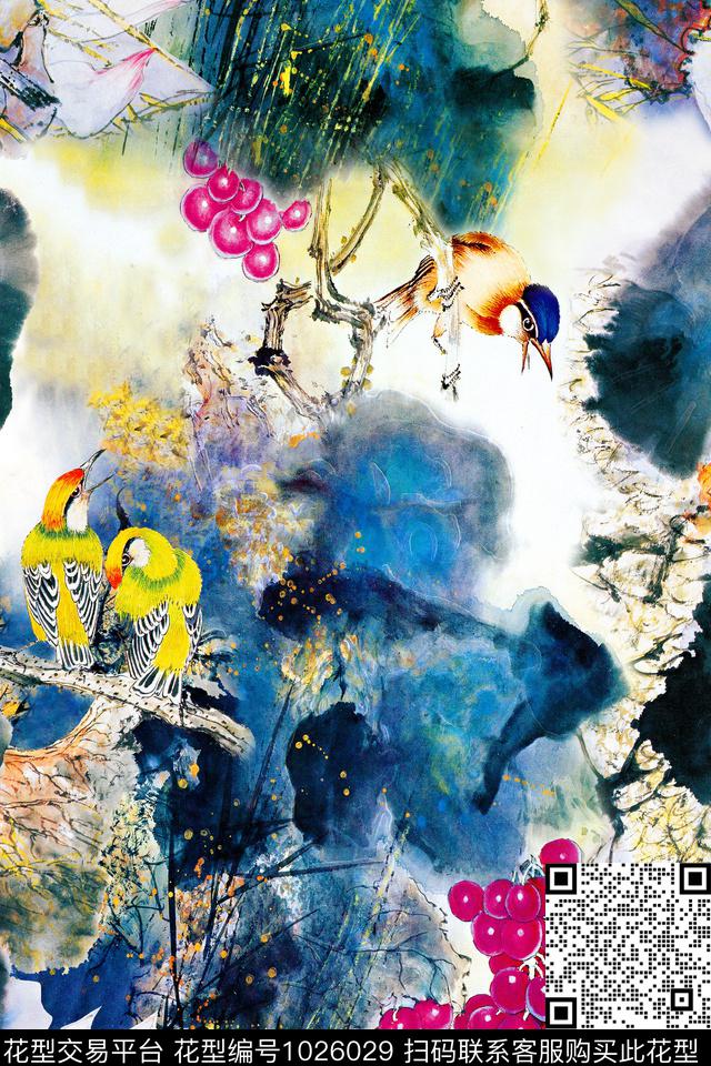 肌理中国风水彩花卉数码印花华亿平台下载（图片编号: 1026029） - 瓦栏（Walan）