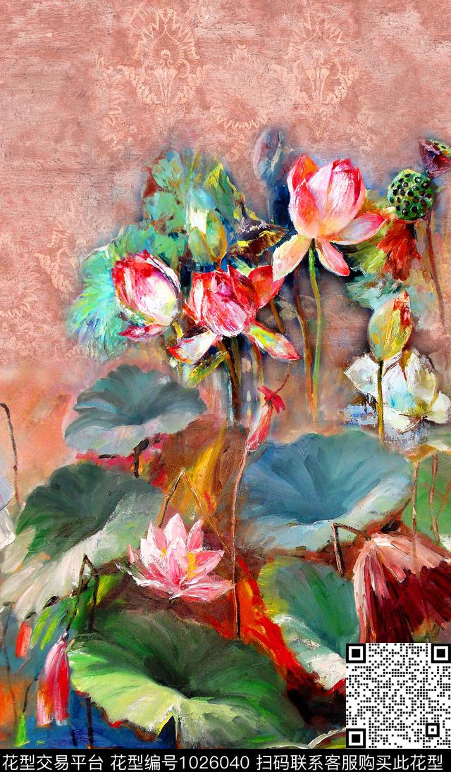 花卉荷花油画华亿平台数码印花华亿平台下载（图片编号: 1026040） - 瓦栏（Walan）