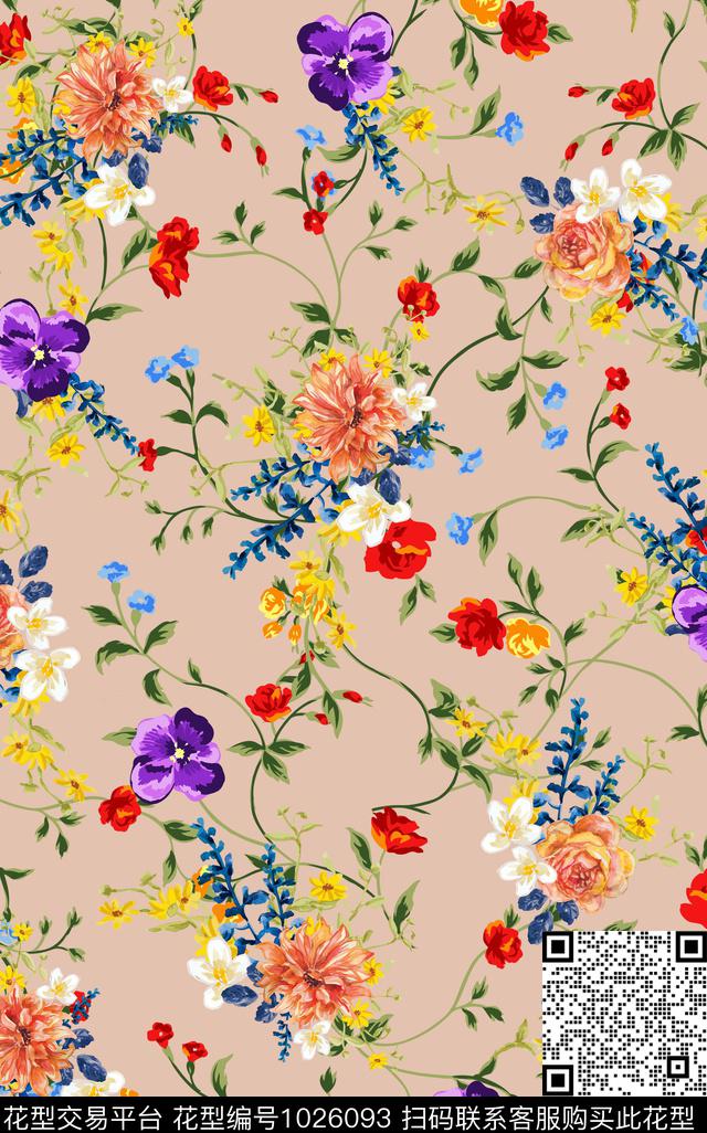 小碎花藤蔓水彩花卉数码印花华亿平台下载（图片编号: 1026093） - 瓦栏（Walan）