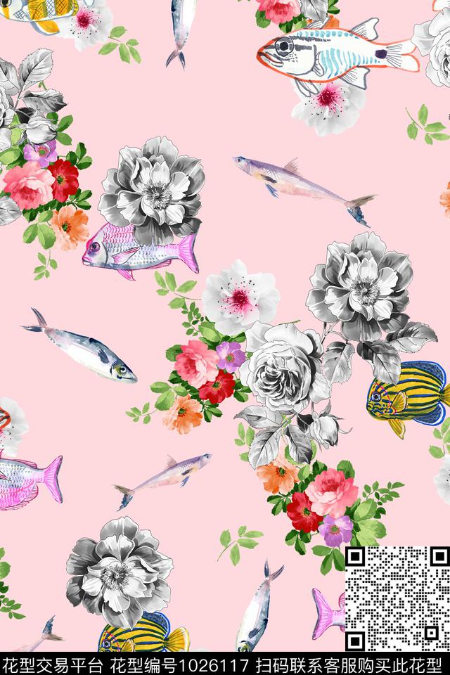 鳄鱼手绘玫瑰黑白华亿平台数码印花华亿平台下载（图片编号: 1026117） - 瓦栏（Walan）