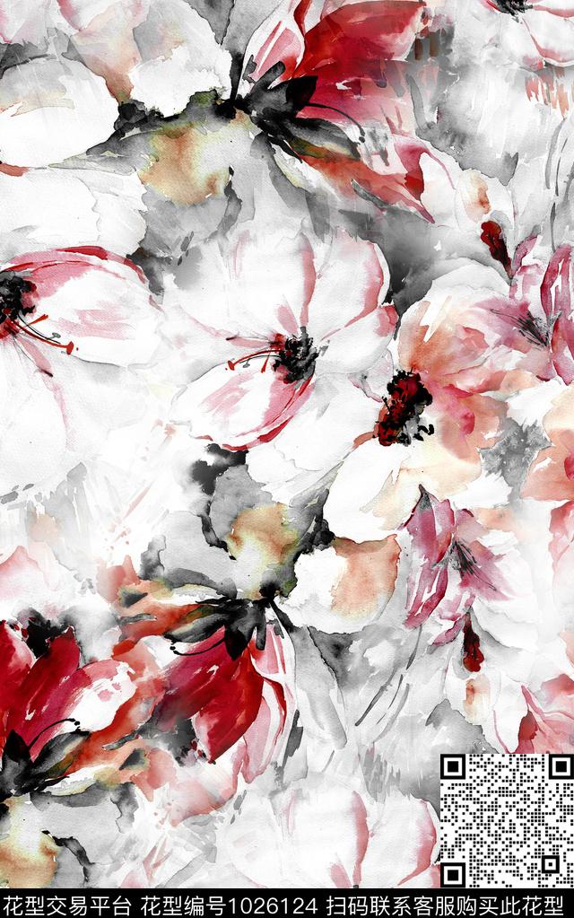 数码华亿平台花卉笔触数码印花华亿平台下载（图片编号: 1026124） - 瓦栏（Walan）