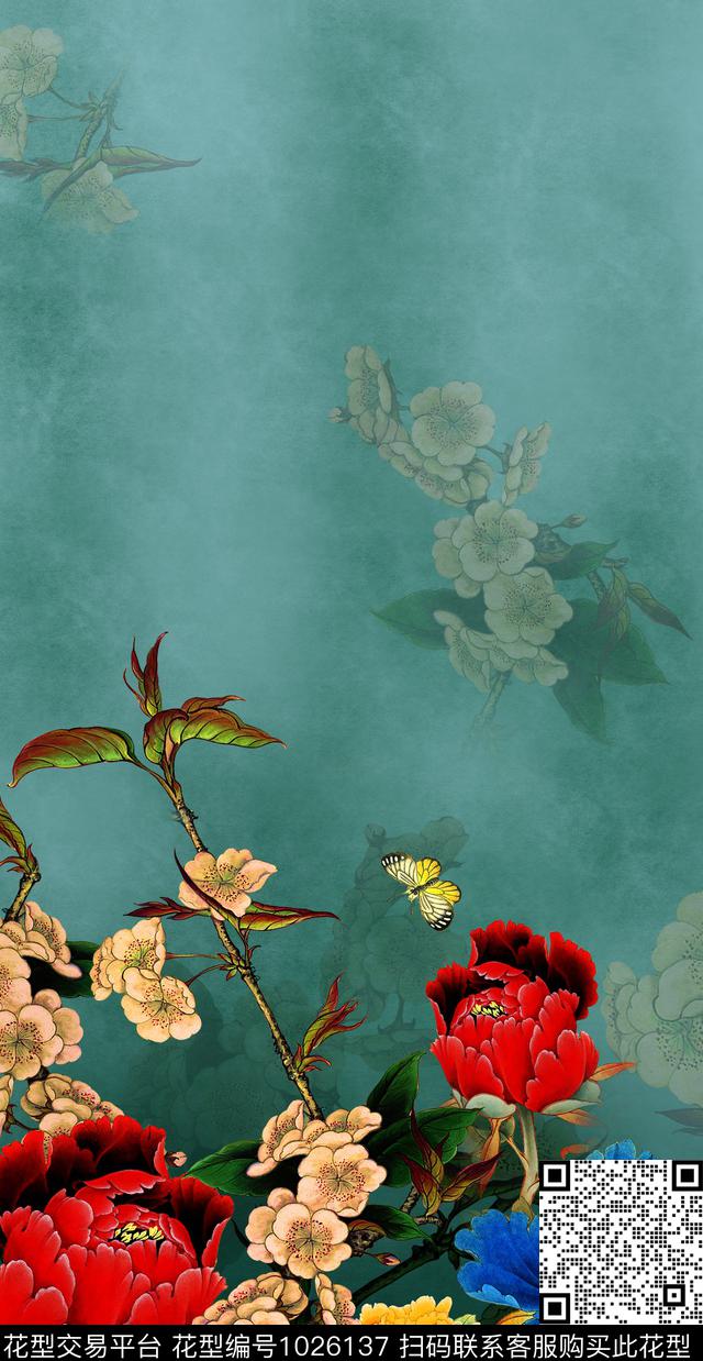 牡丹定位花花卉数码印花华亿平台下载（图片编号: 1026137） - 瓦栏（Walan）