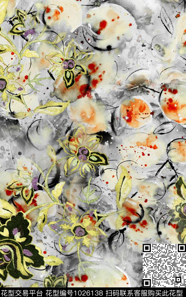 数码华亿平台花卉笔触数码印花华亿平台下载（图片编号: 1026138） - 瓦栏（Walan）