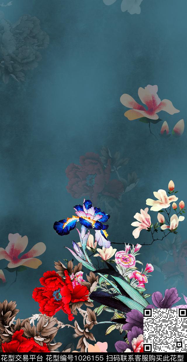 玉兰花牡丹定位花数码印花华亿平台下载（图片编号: 1026155） - 瓦栏（Walan）