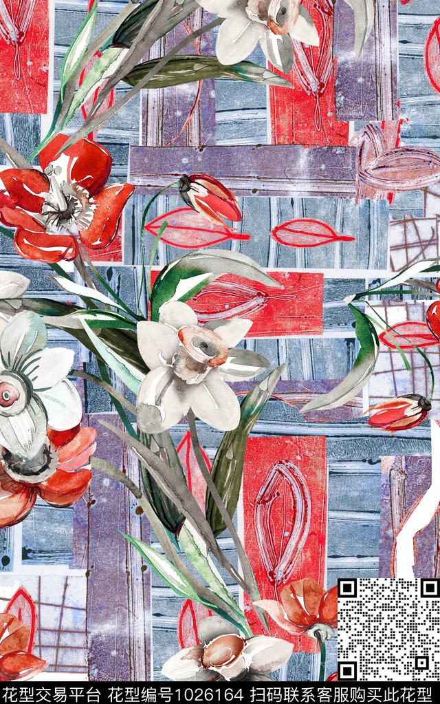 花卉手绘花卉几何花卉数码印花华亿平台下载（图片编号: 1026164） - 瓦栏（Walan）