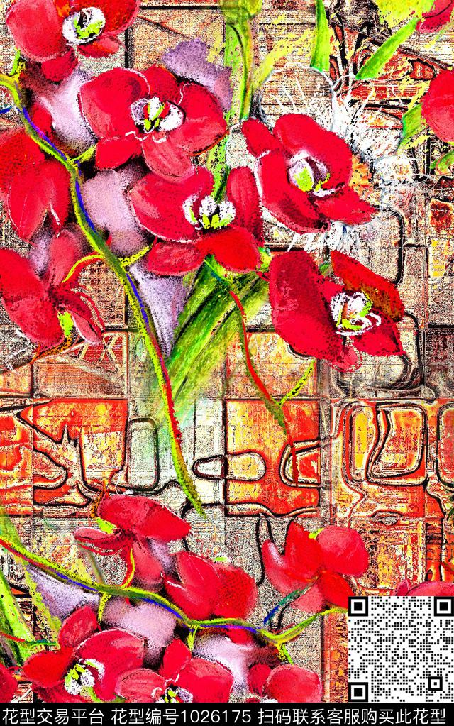 线条花卉笔触数码印花华亿平台下载（图片编号: 1026175） - 瓦栏（Walan）