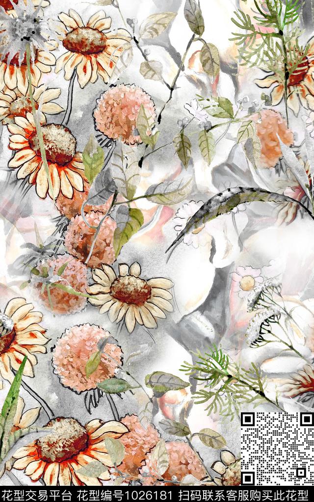 数码华亿平台花卉笔触数码印花华亿平台下载（图片编号: 1026181） - 瓦栏（Walan）