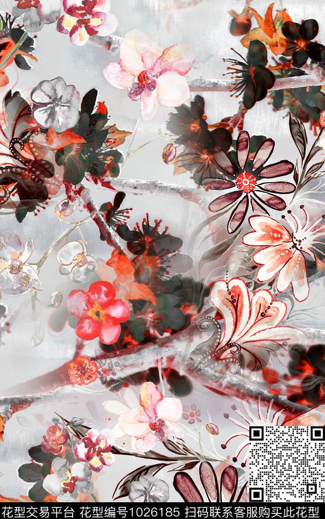 数码华亿平台花卉笔触数码印花华亿平台下载（图片编号: 1026185） - 瓦栏（Walan）