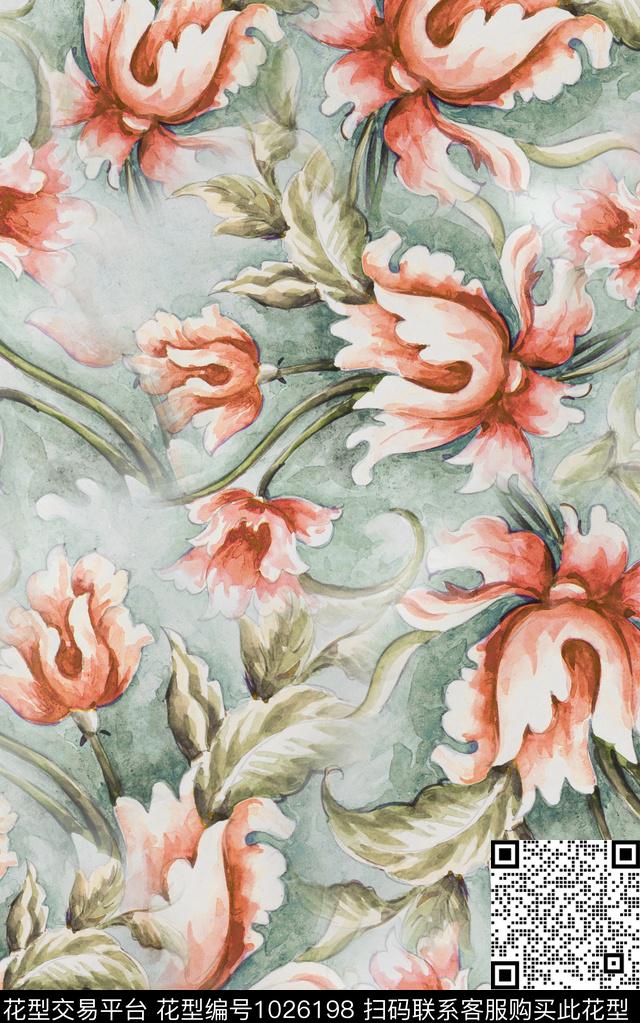 数码华亿平台花卉水墨风数码印花华亿平台下载（图片编号: 1026198） - 瓦栏（Walan）