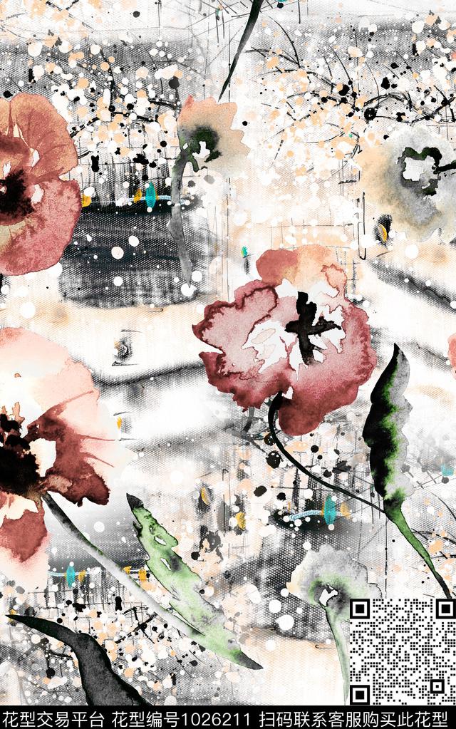 肌理花卉笔触数码印花华亿平台下载（图片编号: 1026211） - 瓦栏（Walan）