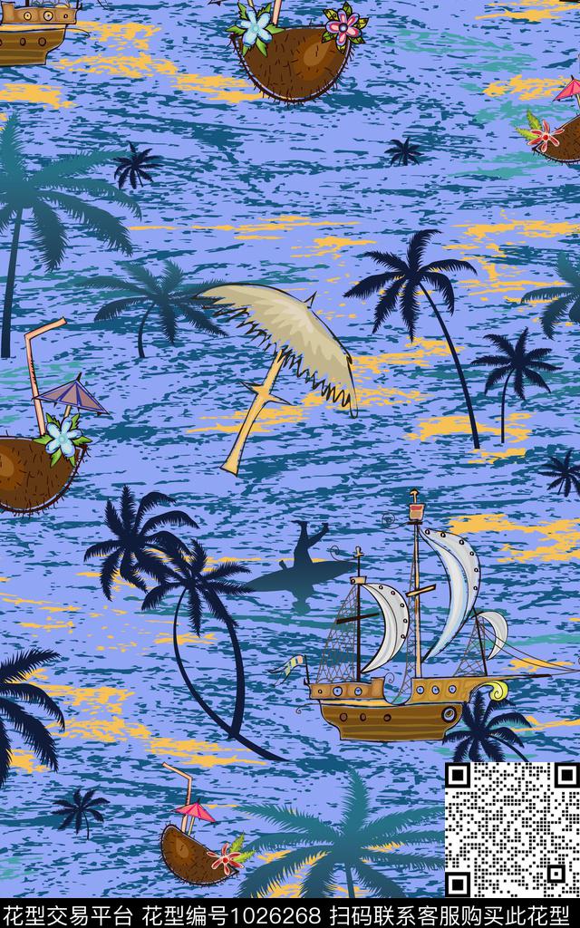 椰子树船锚帆船传统印花华亿平台下载（图片编号: 1026268） - 瓦栏（Walan）