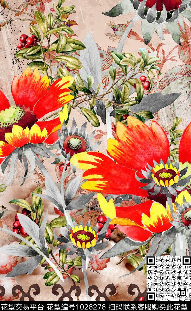 数码华亿平台民族风定位花数码印花华亿平台下载（图片编号: 1026276） - 瓦栏（Walan）