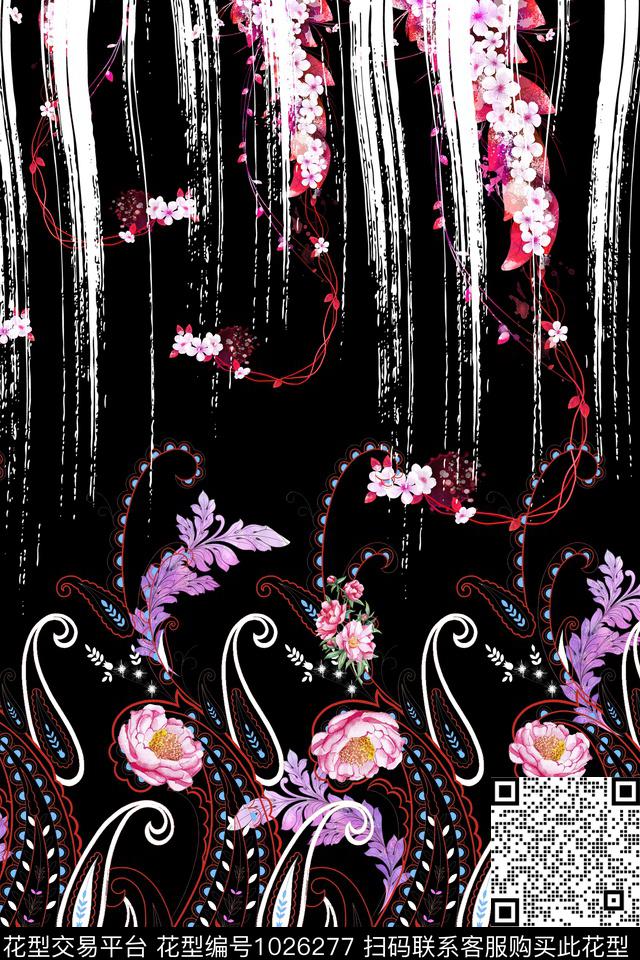 炫彩黑底花卉佩斯利数码印花华亿平台下载（图片编号: 1026277） - 瓦栏（Walan）