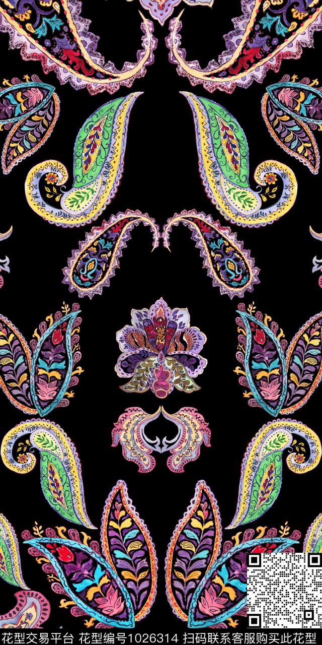 传统纹样手绘花卉2018秋冬数码印花华亿平台下载（图片编号: 1026314） - 瓦栏（Walan）