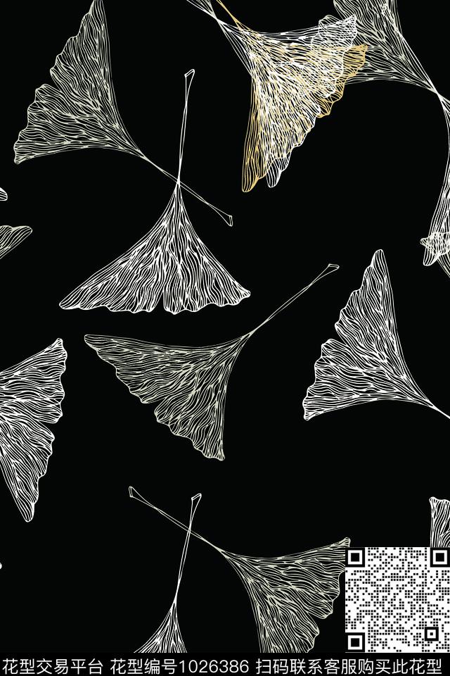 数码华亿平台线条花卉银杏叶数码印花华亿平台下载（图片编号: 1026386） - 瓦栏（Walan）