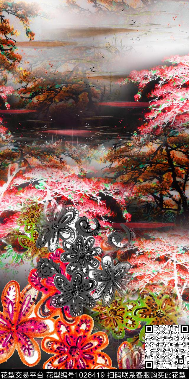 数码华亿平台抽象花卉花卉数码印花华亿平台下载（图片编号: 1026419） - 瓦栏（Walan）