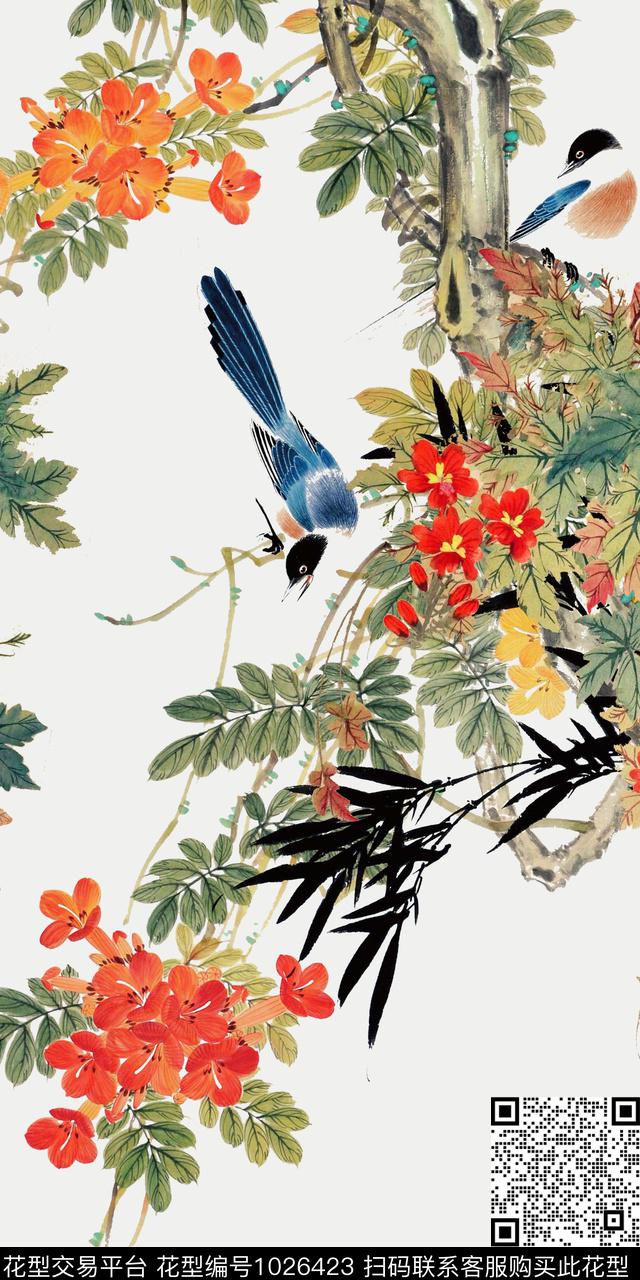 春夏华亿平台花卉中国风花鸟数码印花华亿平台下载（图片编号: 1026423） - 瓦栏（Walan）
