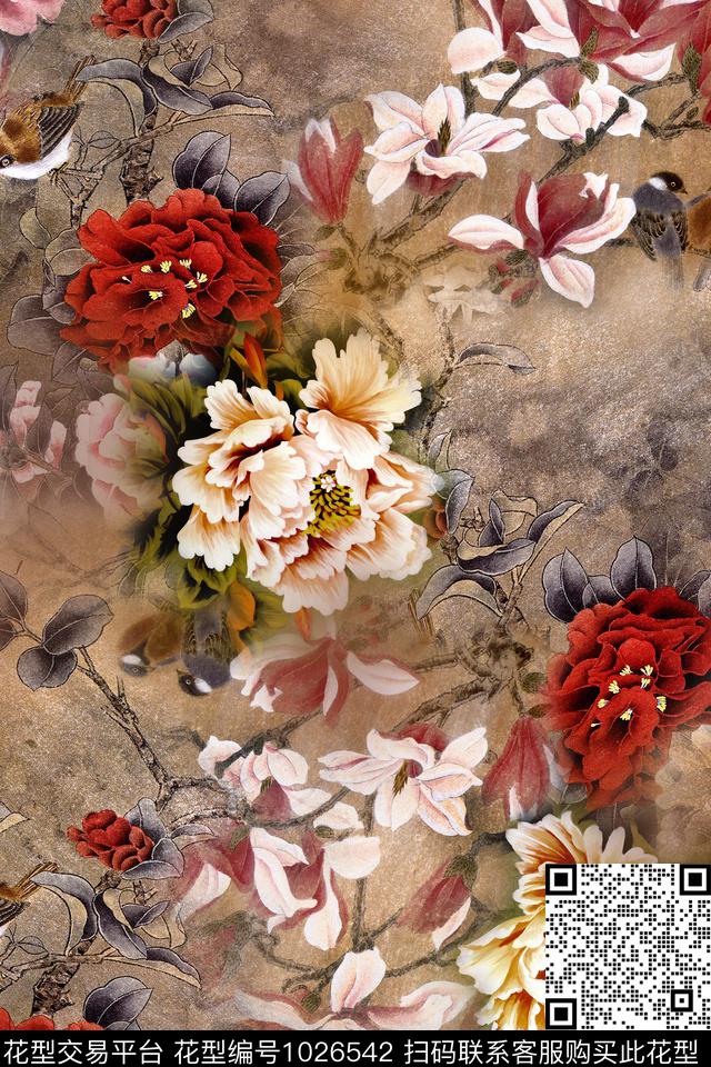 鸟花卉中国风数码印花华亿平台下载（图片编号: 1026542） - 瓦栏（Walan）