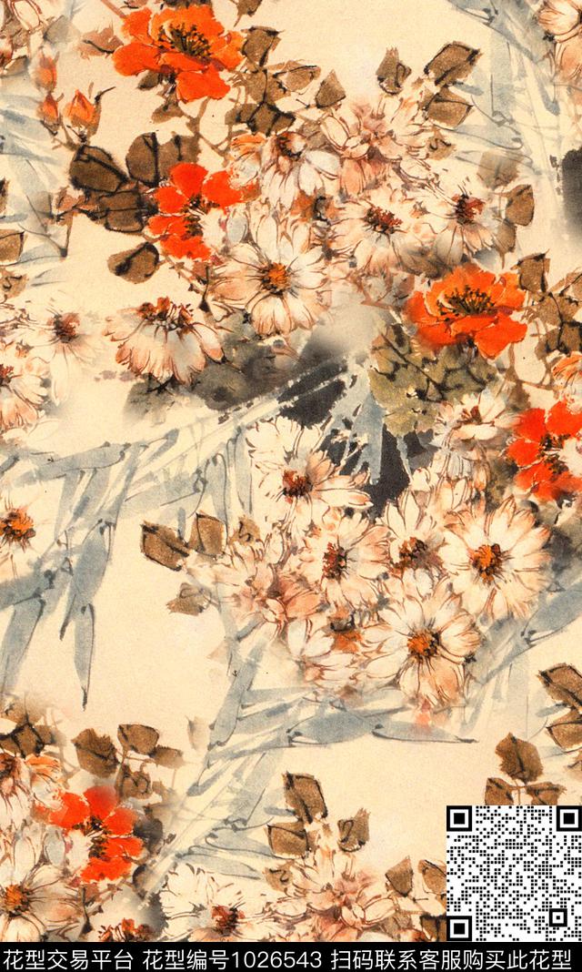 花卉写意国画数码印花华亿平台下载（图片编号: 1026543） - 瓦栏（Walan）