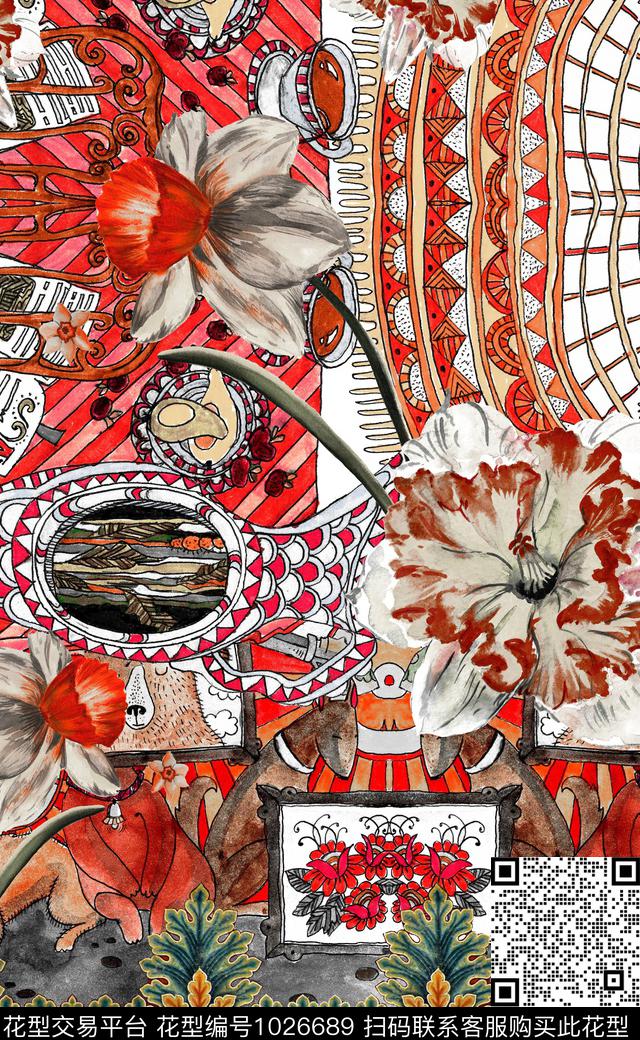 民族风线条几何数码印花华亿平台下载（图片编号: 1026689） - 瓦栏（Walan）