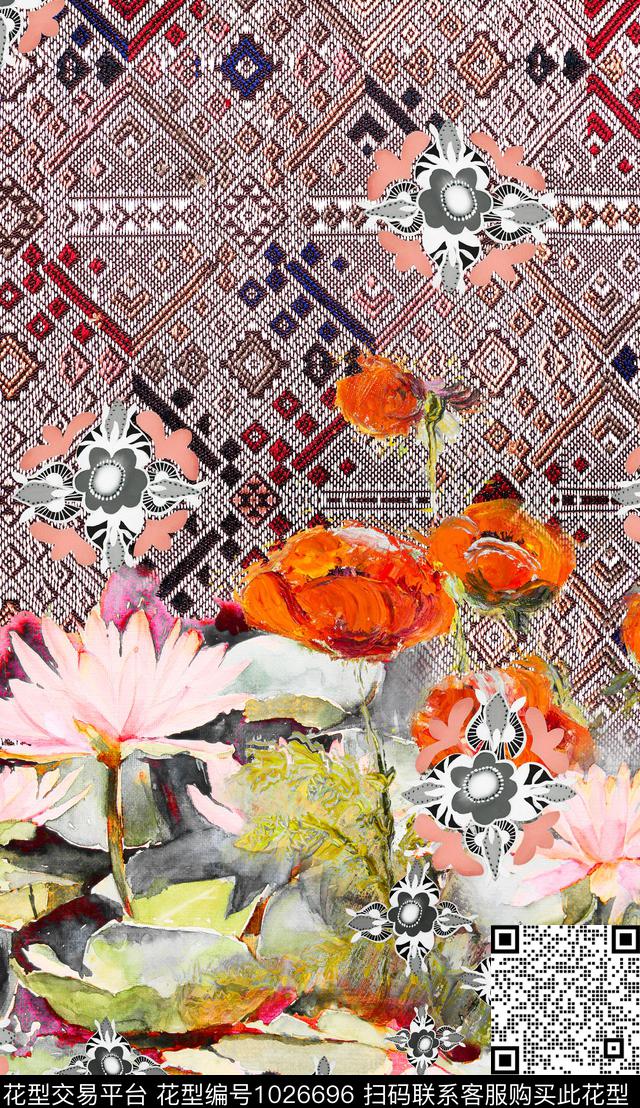 格子定位花水墨风数码印花华亿平台下载（图片编号: 1026696） - 瓦栏（Walan）