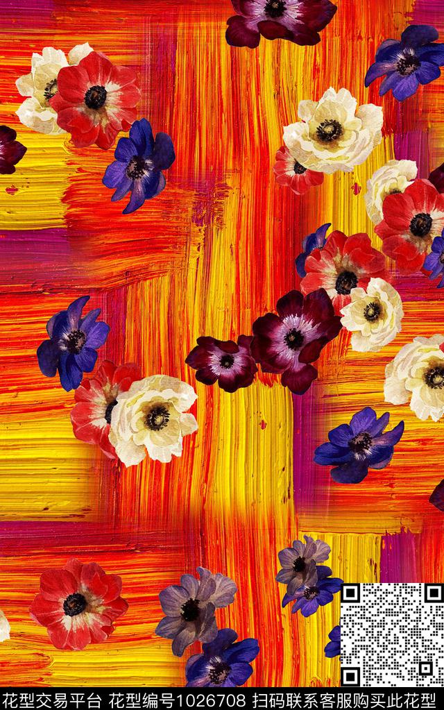数码华亿平台手绘花卉笔触数码印花华亿平台下载（图片编号: 1026708） - 瓦栏（Walan）