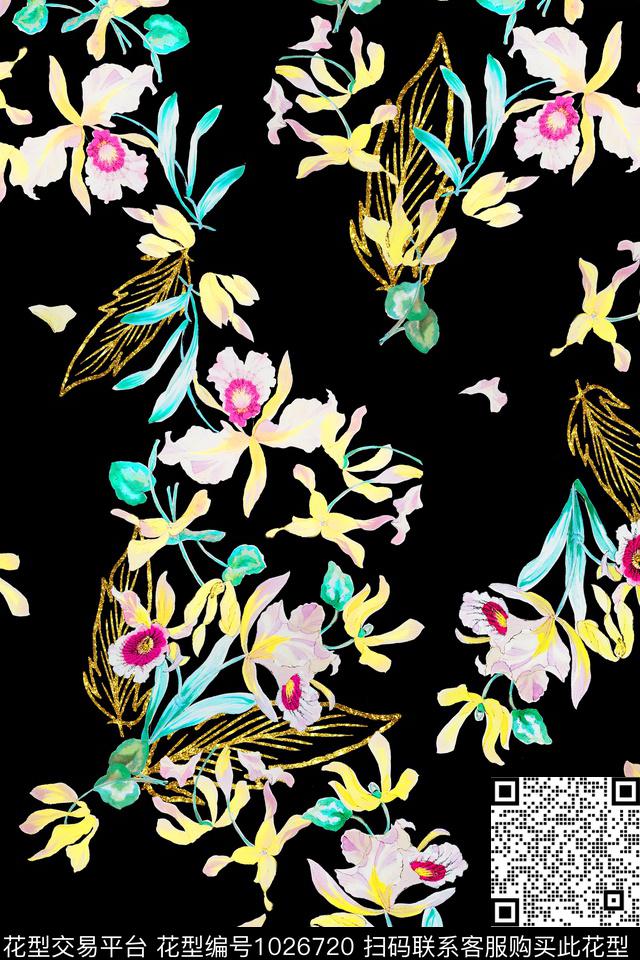 黑底花卉抽象男装印花数码印花华亿平台下载（图片编号: 1026720） - 瓦栏（Walan）