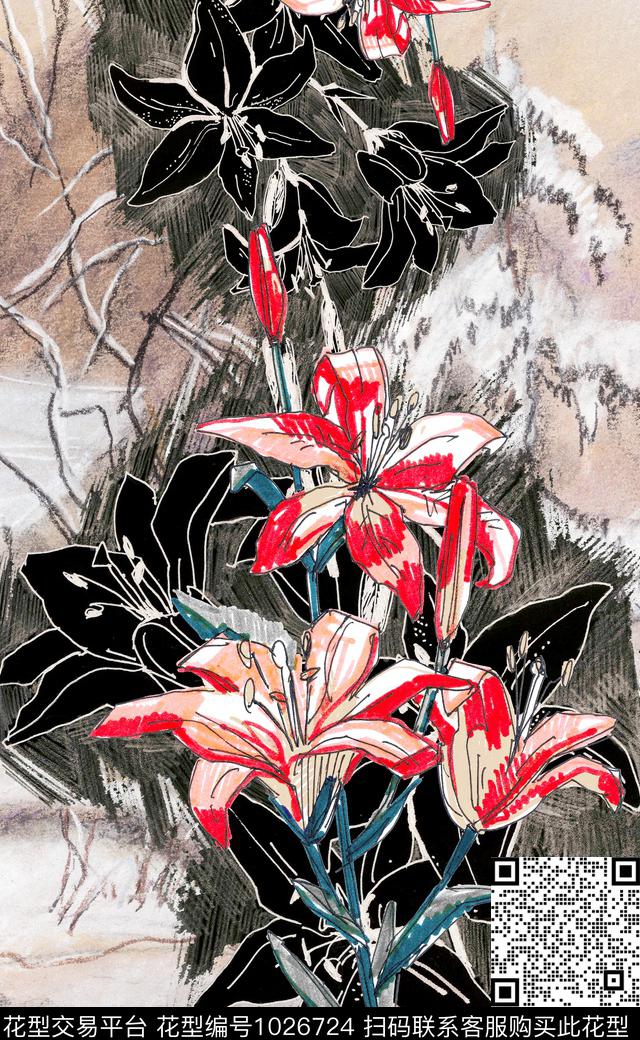 数码华亿平台线条手绘花卉数码印花华亿平台下载（图片编号: 1026724） - 瓦栏（Walan）