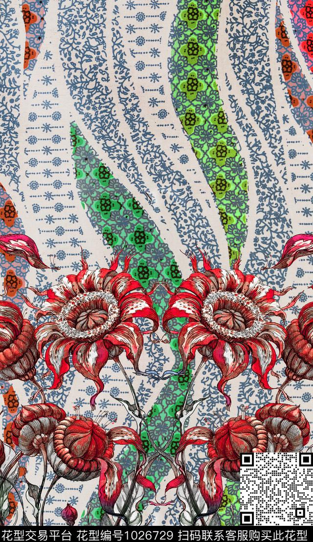民族风定位花对称花数码印花华亿平台下载（图片编号: 1026729） - 瓦栏（Walan）