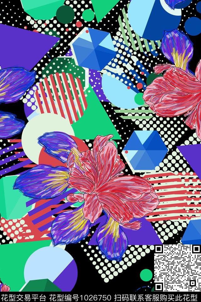 几何花卉女装数码印花华亿平台下载（图片编号: 1026750） - 瓦栏（Walan）