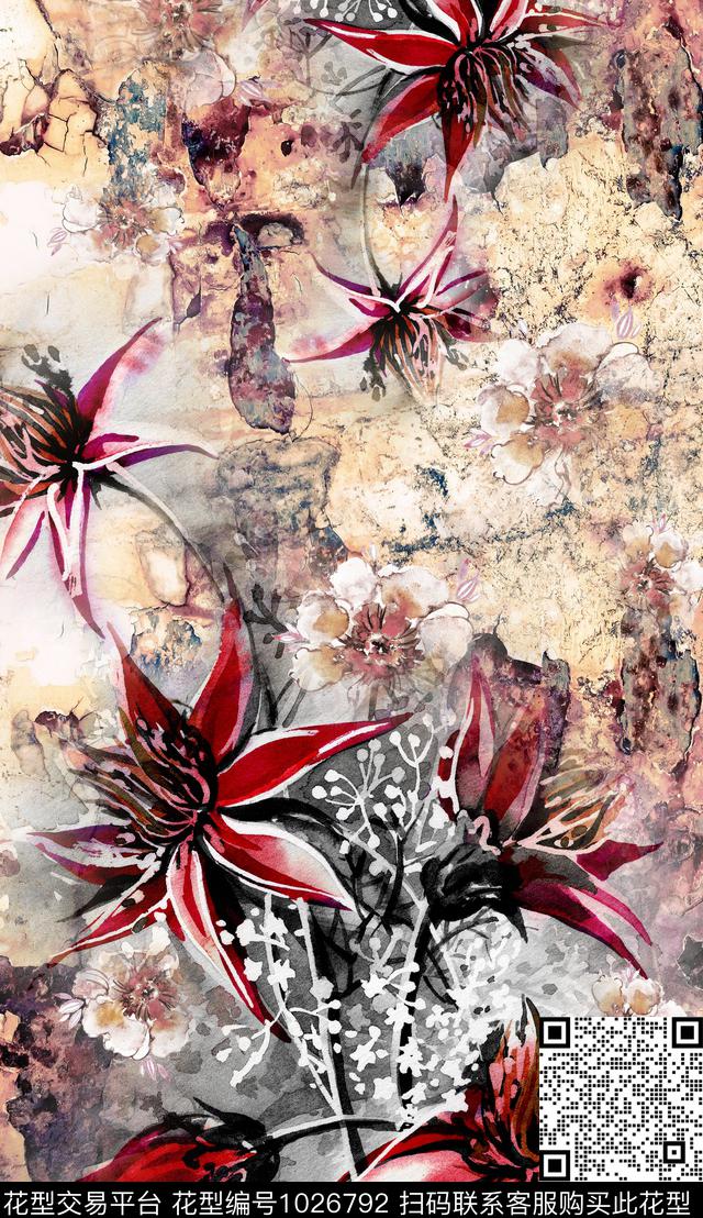 大花花卉水墨风数码印花华亿平台下载（图片编号: 1026792） - 瓦栏（Walan）