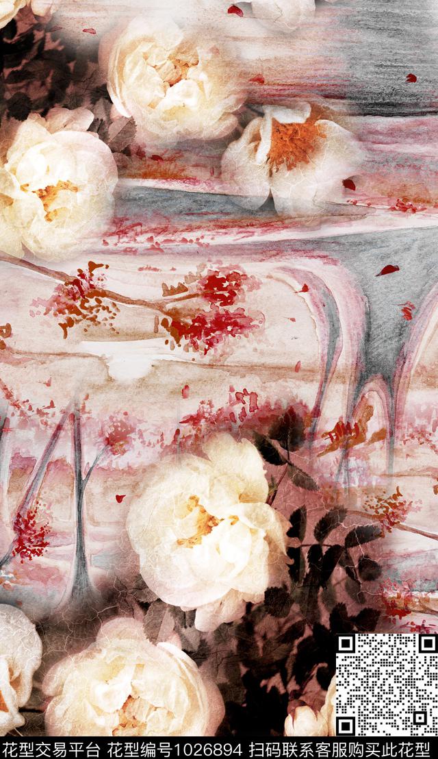 数码华亿平台线条手绘花卉数码印花华亿平台下载（图片编号: 1026894） - 瓦栏（Walan）